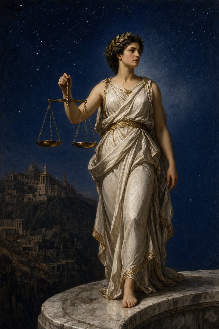 Concept art: a woman with empty scales leaving a dark city.