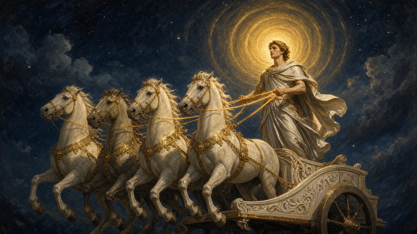 Concept art: a sun-charioteer holding the reins of four horses.