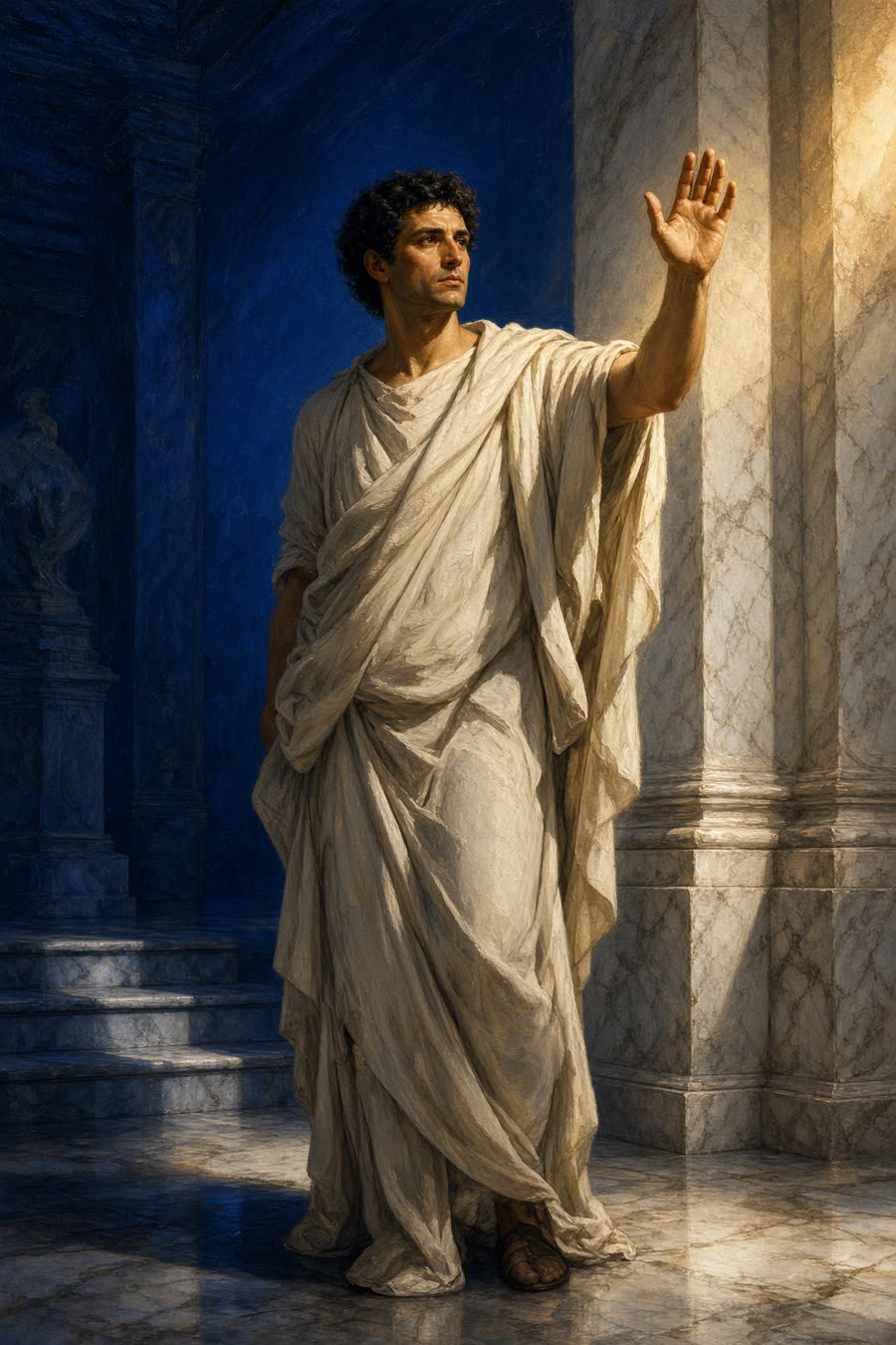 Concept art: a man in a toga speaking in a marble hall. Not a portrait of a real person.