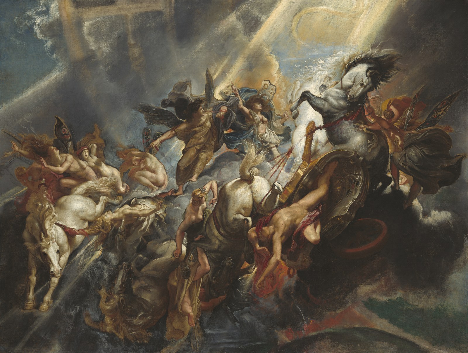 Rubens's painting of Phaethon falling from the sun chariot, with rearing horses and figures tumbling through storm light.