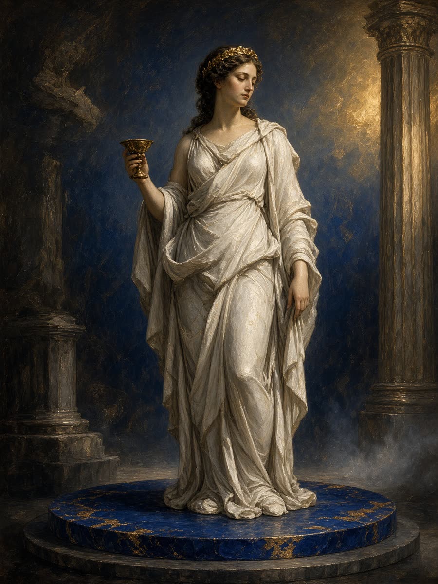 Concept art: a neoclassical figure on flat cobalt blue.