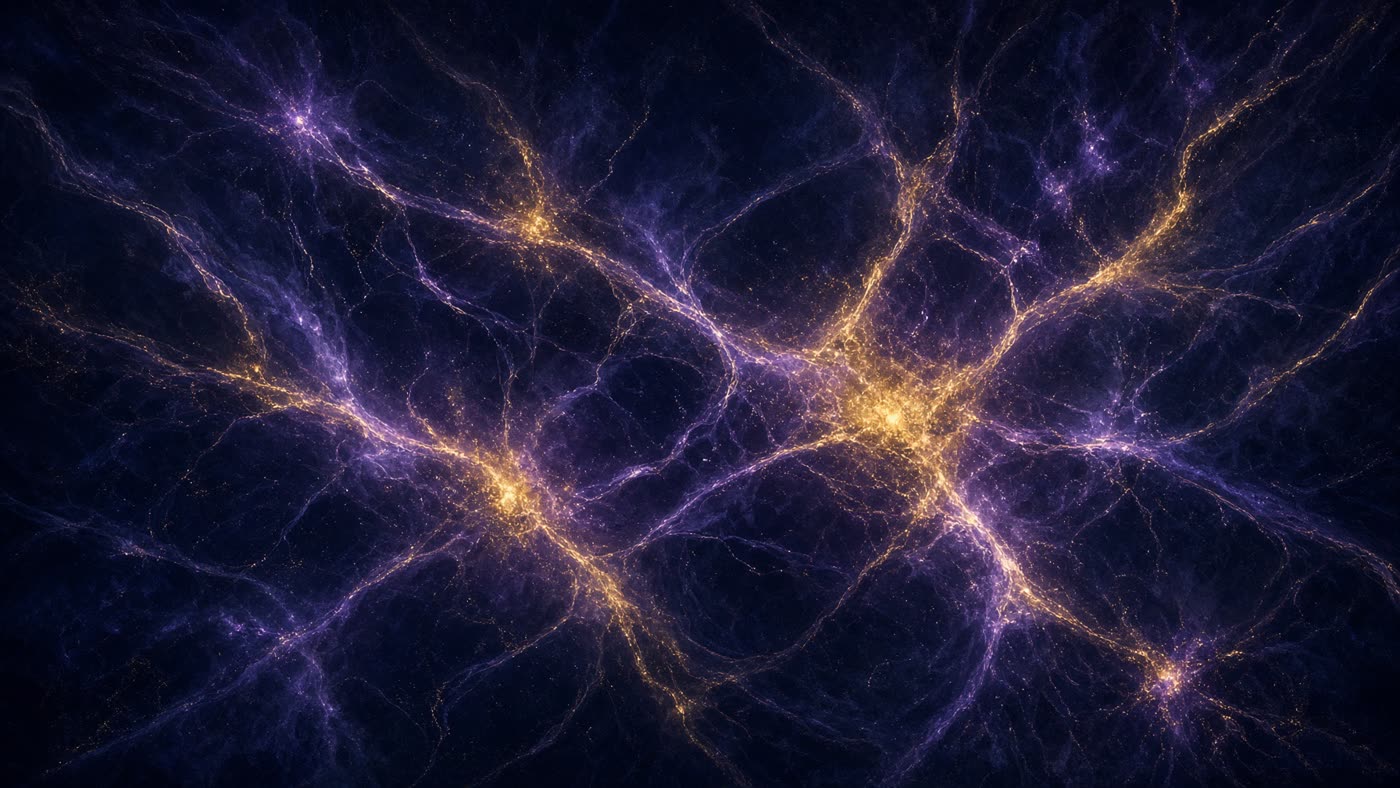 Concept art: the cosmic web in violet and gold.